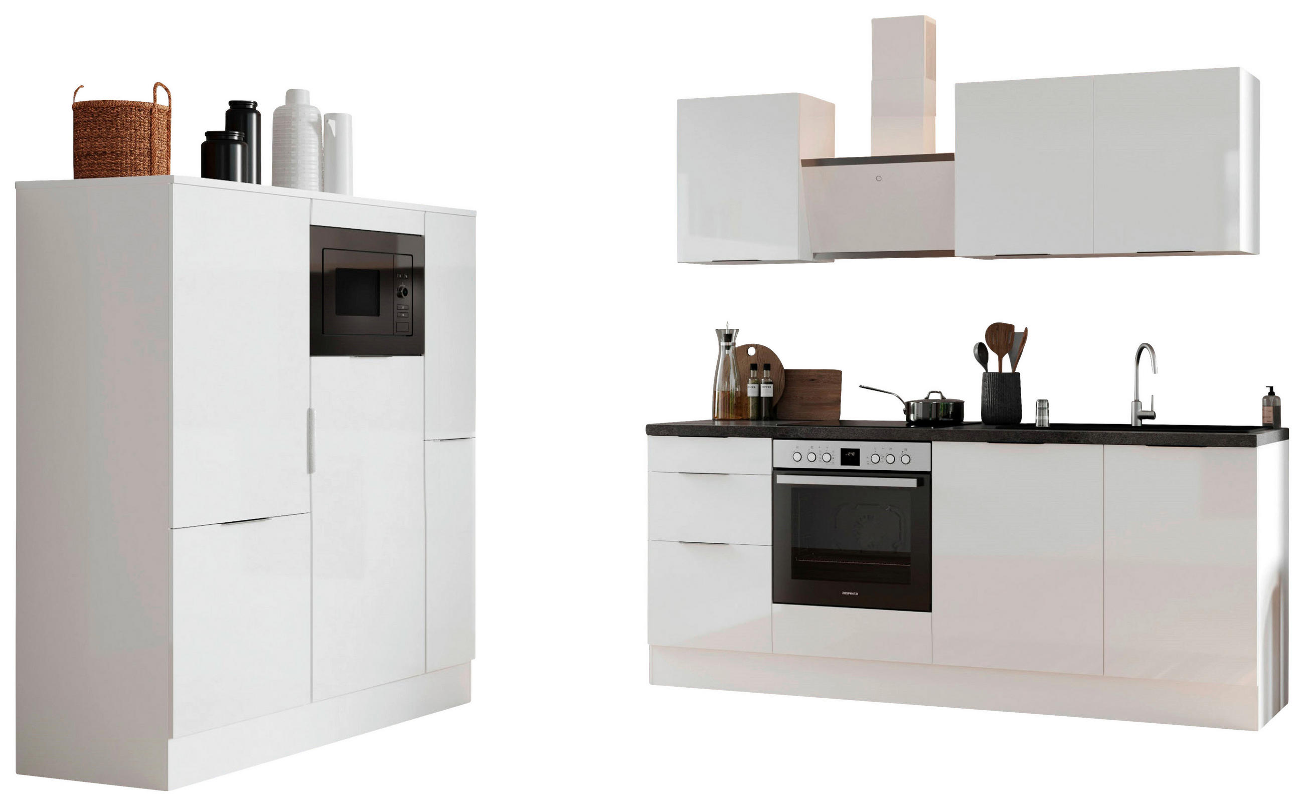 KÜCHENBLOCK 370 cm   in Weiß, Weiß Hochglanz  - Weiß Hochglanz/Weiß, LIFESTYLE, Holzwerkstoff/Metall (370cm) - Respekta