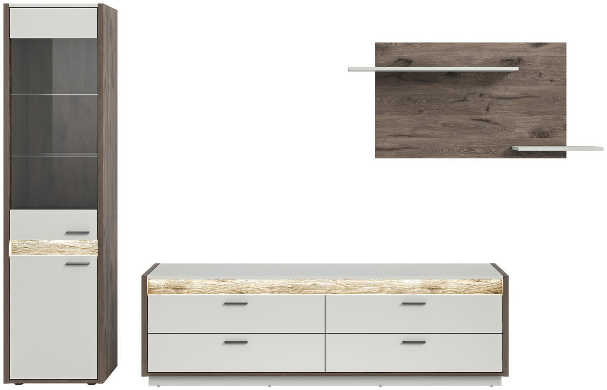 WOHNWAND 3-teilig  in Hellgrau  268/198/43 cm  - Hellgrau, Design, Glas/Holzwerkstoff (268/198/43cm) - MID.YOU