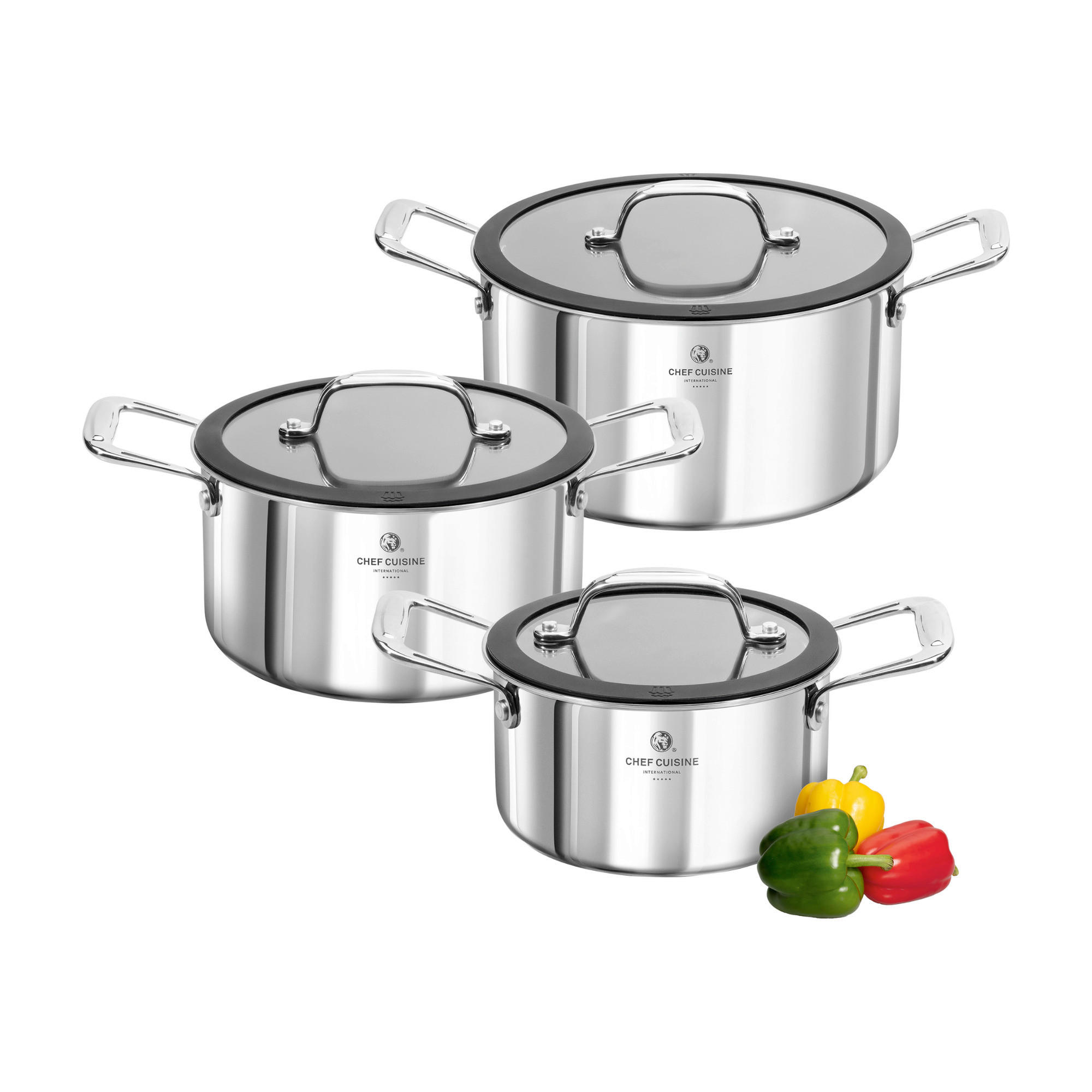 KOCHTOPFSET 3-teilig  - Edelstahlfarben/Schwarz, Basics, Glas/Kunststoff (37/30/23cm) - CHEF CUISINE