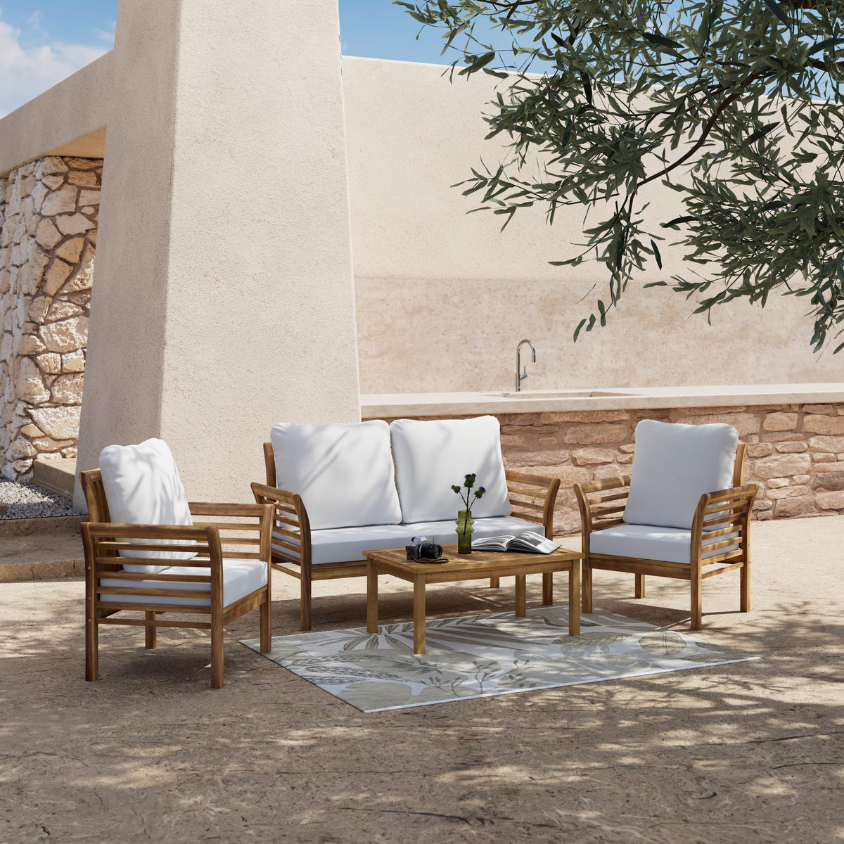 GARTENSET Akazie vollmassiv  - Ecru/Naturfarben, MODERN, Holz/Textil (80/50/35cm) - Ambia Garden