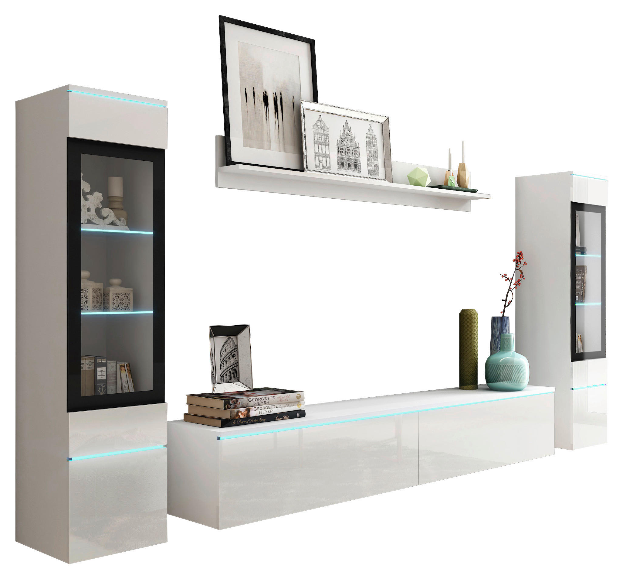 WOHNWAND 4-teilig  in Weiß Hochglanz  240/130/33 cm  - Weiß Hochglanz/Weiß, LIFESTYLE, Glas/Holzwerkstoff (240/130/33cm) - P & B