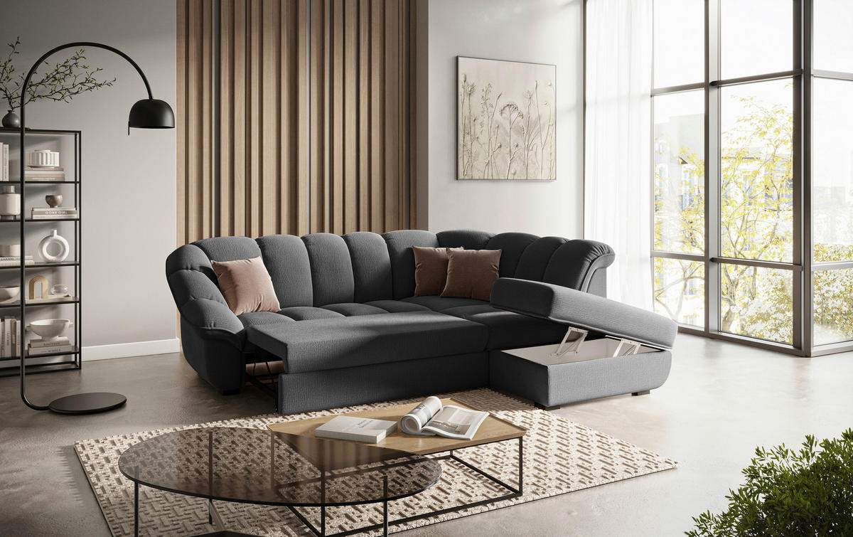 ECKSOFA Schwarz Chenille Bettkasten, Schlaffunktion, Rücken echt  - Schwarz, KONVENTIONELL, Kunststoff/Textil (260/222cm) - Welnova