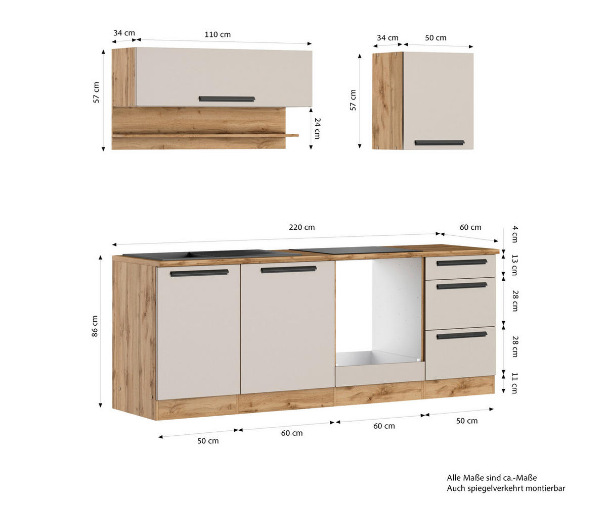 KÜCHENLEERBLOCK Aveiro 220 cm  in Kaschmir, Eiche Wotan  - Kaschmir/Eiche Wotan, Trend, Holzwerkstoff/Metall (220cm) - Held