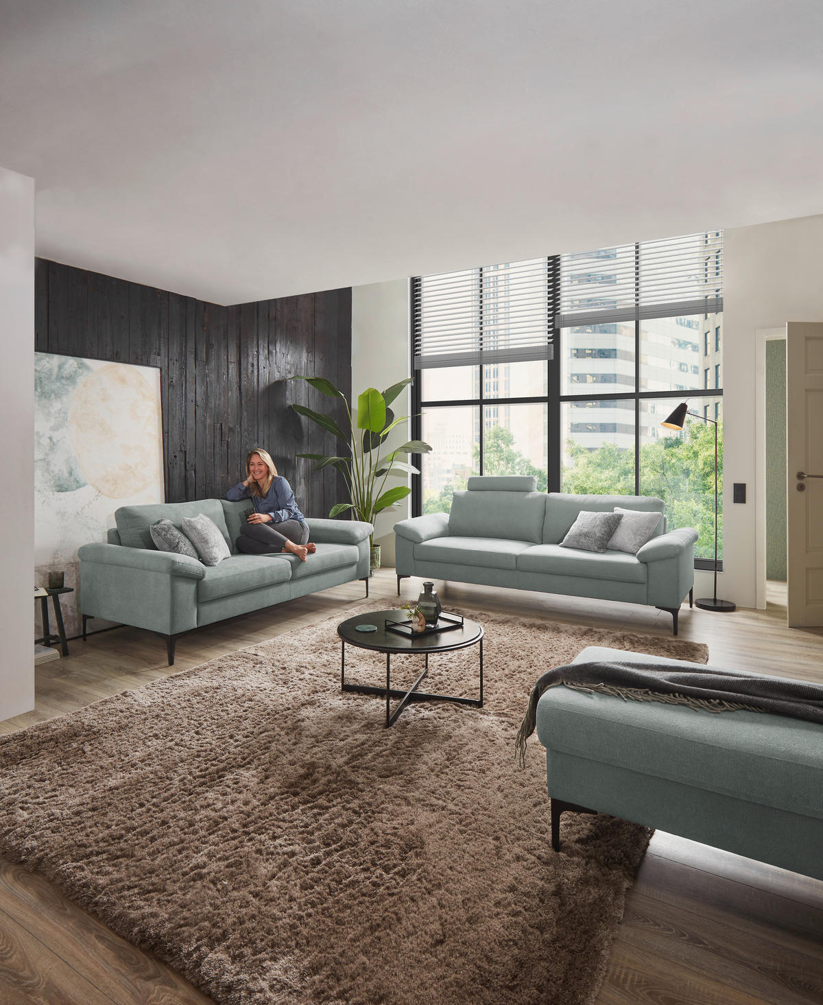 3-SITZER-SOFA Flachgewebe Blaugrau  - Blaugrau/Schwarz, Design, Textil/Metall (226/89/97cm) - Pure Home Lifestyle