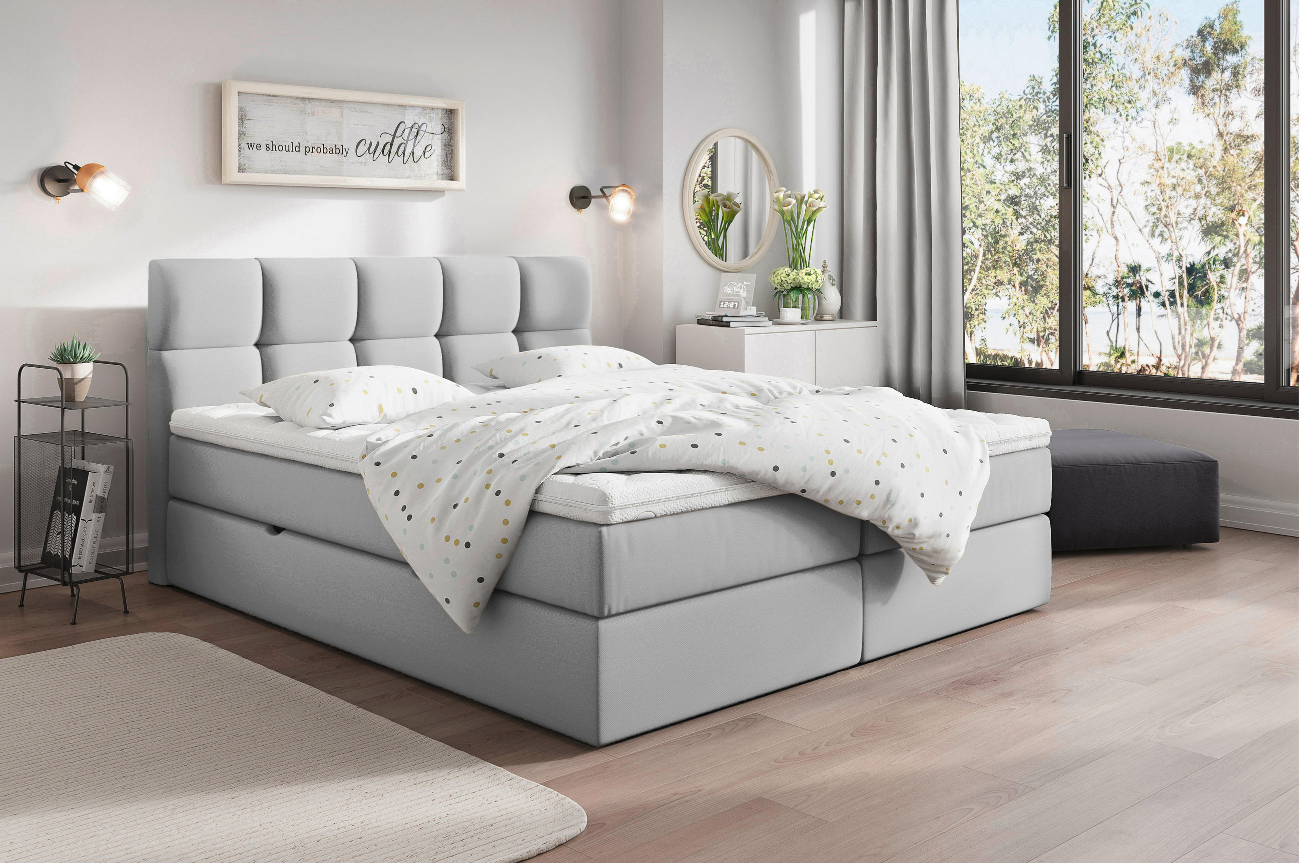 BOXBETT 160/200 cm,  in Hellgrau, gepolstertes Kopfteil, Bettkasten, Topper, H3 = fest  - Hellgrau/Schwarz, LIFESTYLE, Holz/Holzwerkstoff (160/200cm) - Livetastic