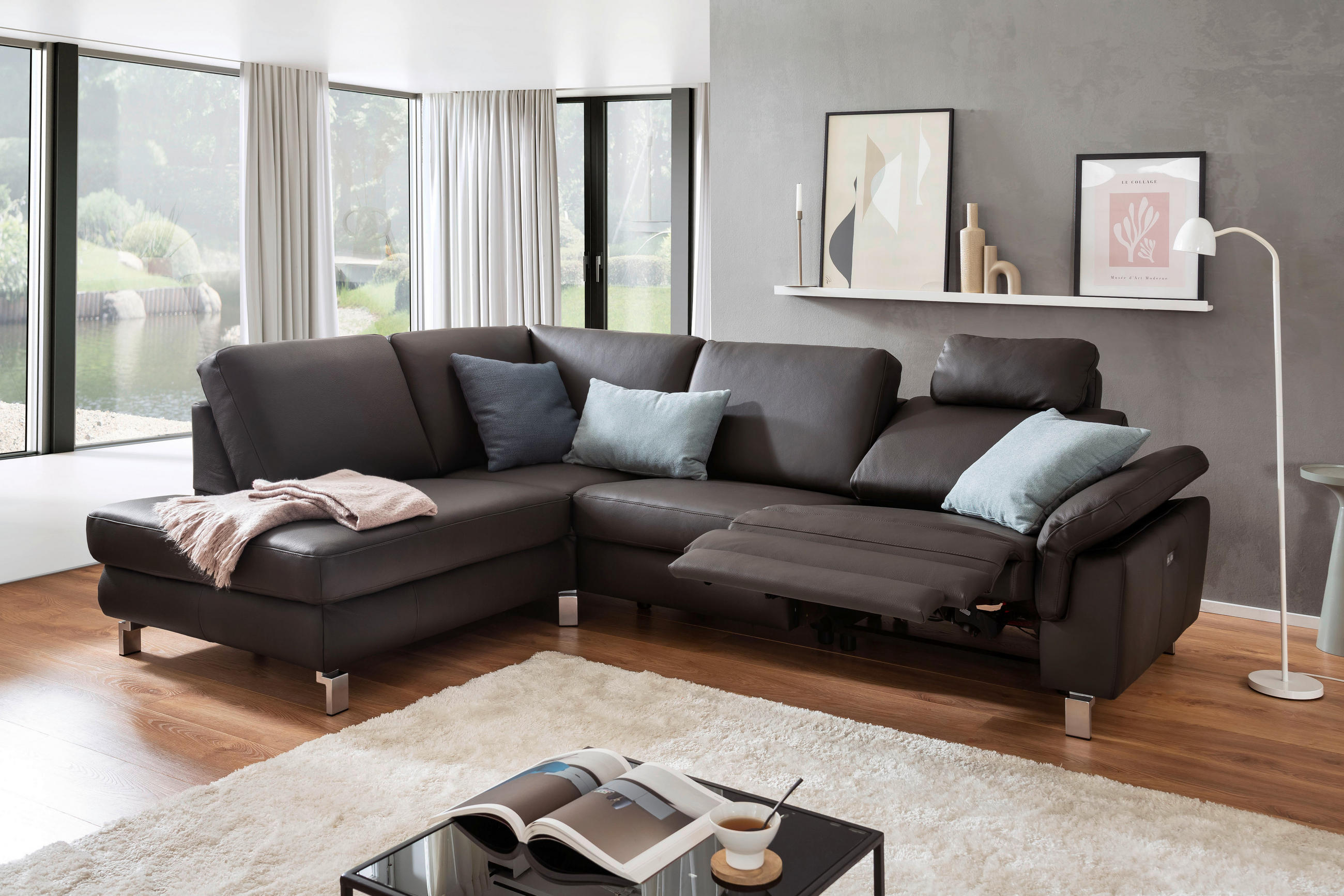 ECKSOFA in Echtleder Dunkelbraun  - Chromfarben/Dunkelbraun, Design, Leder/Metall (200/271cm) - Pure Home Lifestyle