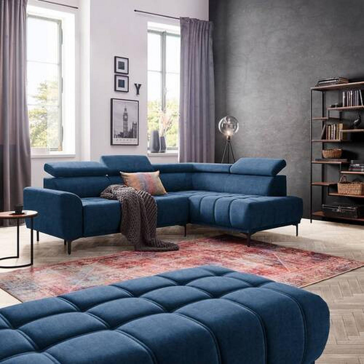 ECKSOFA in Velours Dunkelblau  - Schwarz/Dunkelblau, Design, Textil/Metall (261/191cm) - Stylife