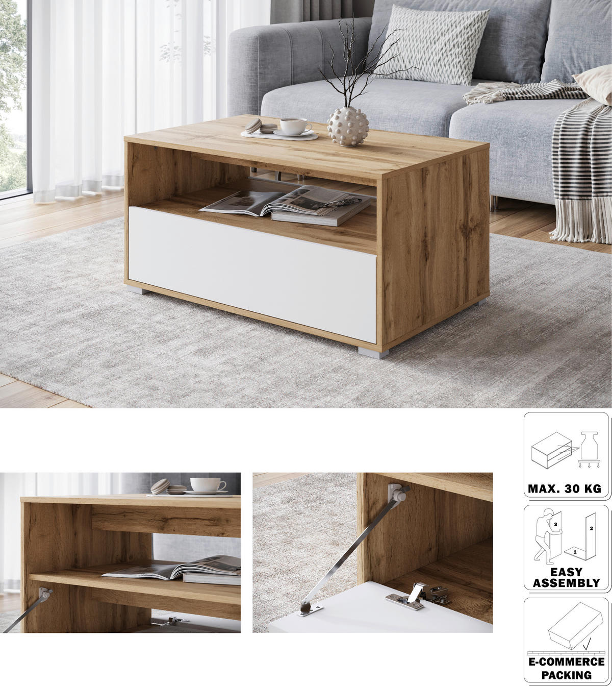 COUCHTISCH in Holzwerkstoff   - Weiss/Eiche Wotan, Trend, Holzwerkstoff/Kunststoff (90/45/55cm) - Livetastic