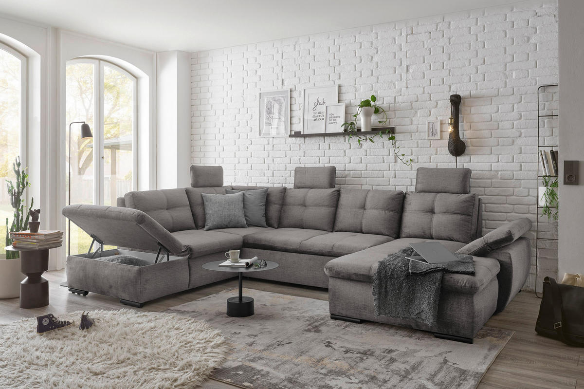 WOHNLANDSCHAFT in Mikrovelours Hellgrau  - Hellgrau/Schwarz, Konventionell, Kunststoff/Textil (217/334/127cm) - Carryhome