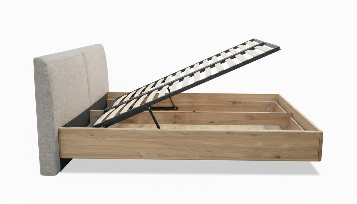 BETT in Eichefarben  - Eichefarben/Beige, MODERN, Holz/Textil (180/200cm) - MID.YOU