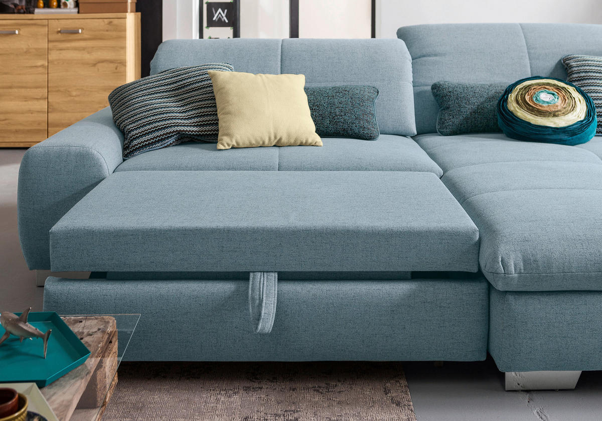 ECKSOFA Hellblau Flachgewebe  - Chromfarben/Hellblau, Design, Textil/Metall (276/198cm) - SetOne by Musterring