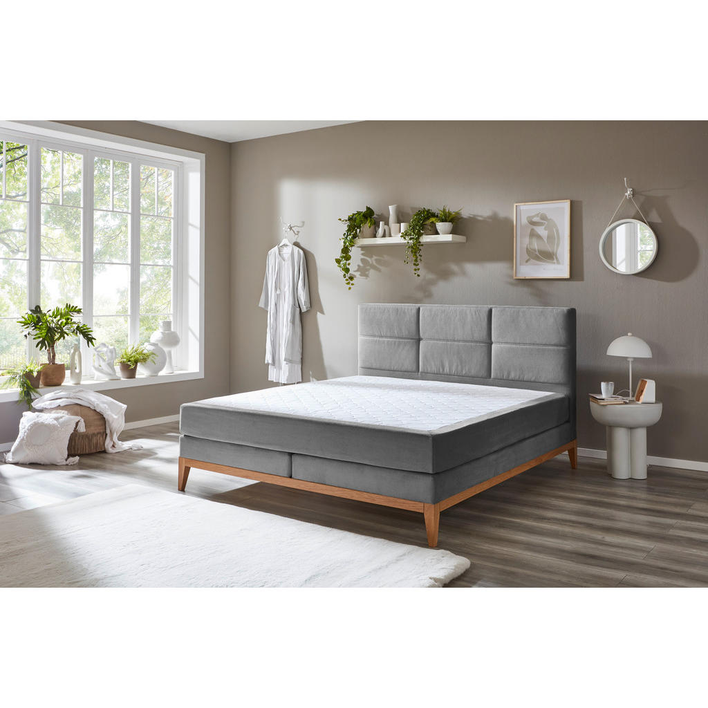 Thumbnail - Boxxx Boxspringbett, Grau, Textil, Eiche, massiv, H2, 7-Zonen, Höhe ca. 18 cm, 180x200 cm, gepolstertes Kopfteil, Partne...