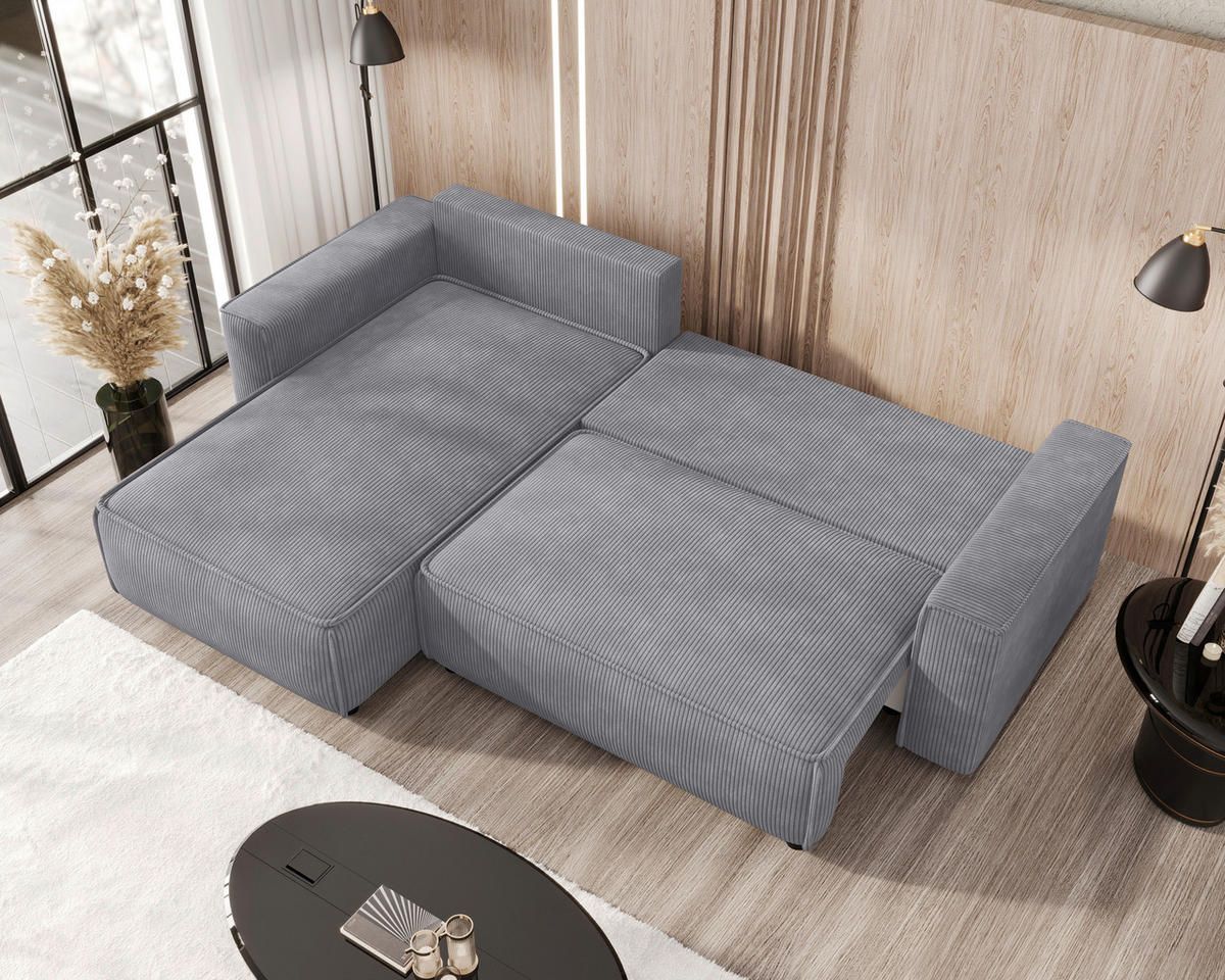 ECKSOFA 190/280 cm MERO in Cord Hellgrau Zierkissen, Rückenkissen, Bettkasten  190/280 cm  - Hellgrau/Schwarz, MODERN, Kunststoff/Textil (190/280cm) - MID.YOU