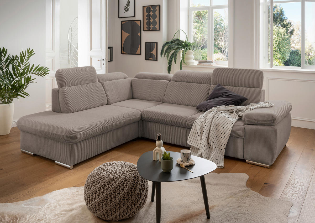 ECKSOFA Graubraun Cord  - Chromfarben/Graubraun, Design, Textil/Metall (228/283cm) - Livetastic