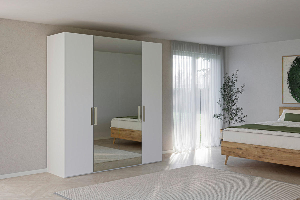 DREHTÜRENSCHRANK 203/220/59 cm,  in Weiß, 4-türig  - Edelstahlfarben/Weiß, Design, Glas/Holzwerkstoff (203/220/59cm) - Jutzler