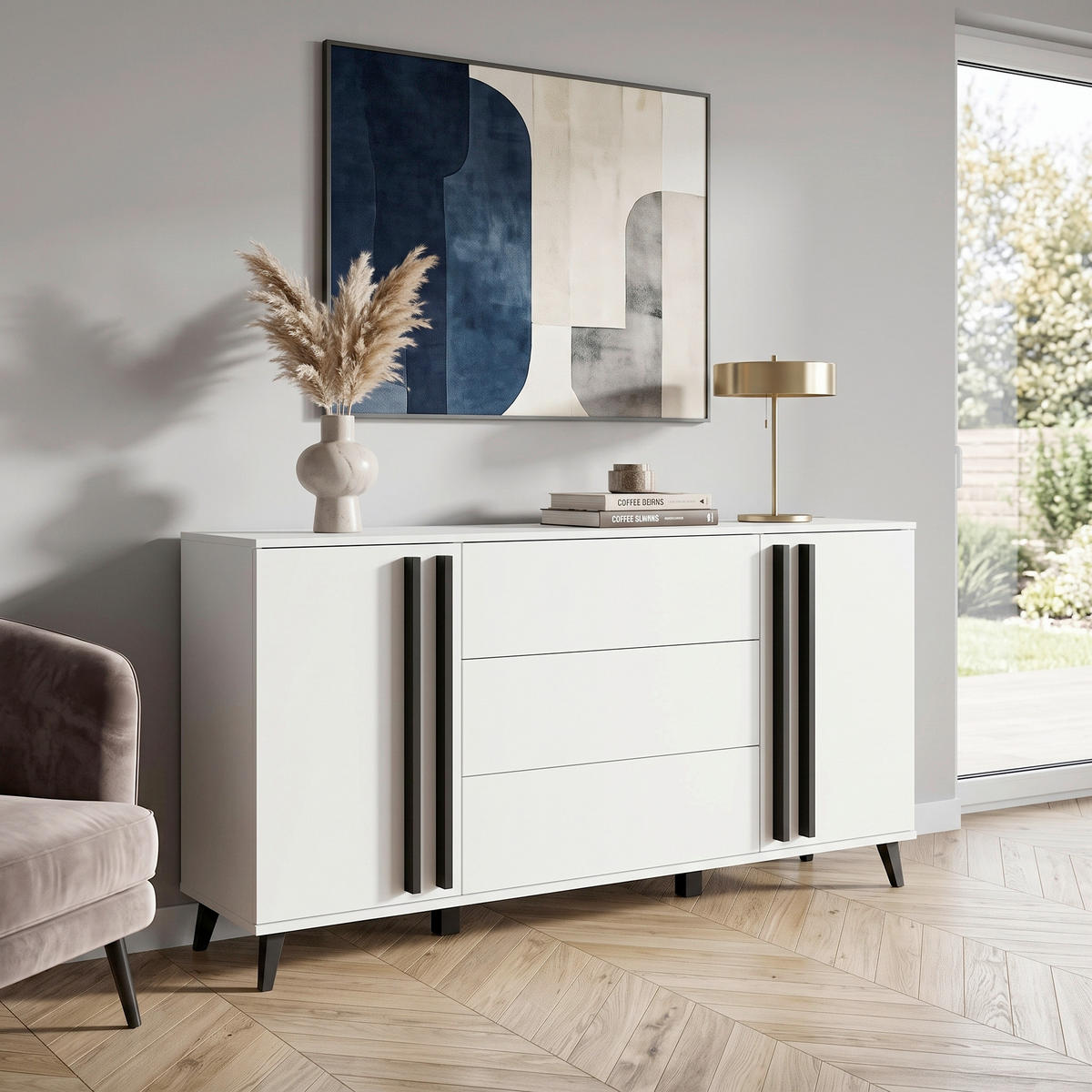 SIDEBOARD Helsinki 150/77,8/39,5 cm 3 Schublade(n)  - Schwarz/Weiß, Trend, Holzwerkstoff/Kunststoff (150/77,8/39,5cm) - P & B