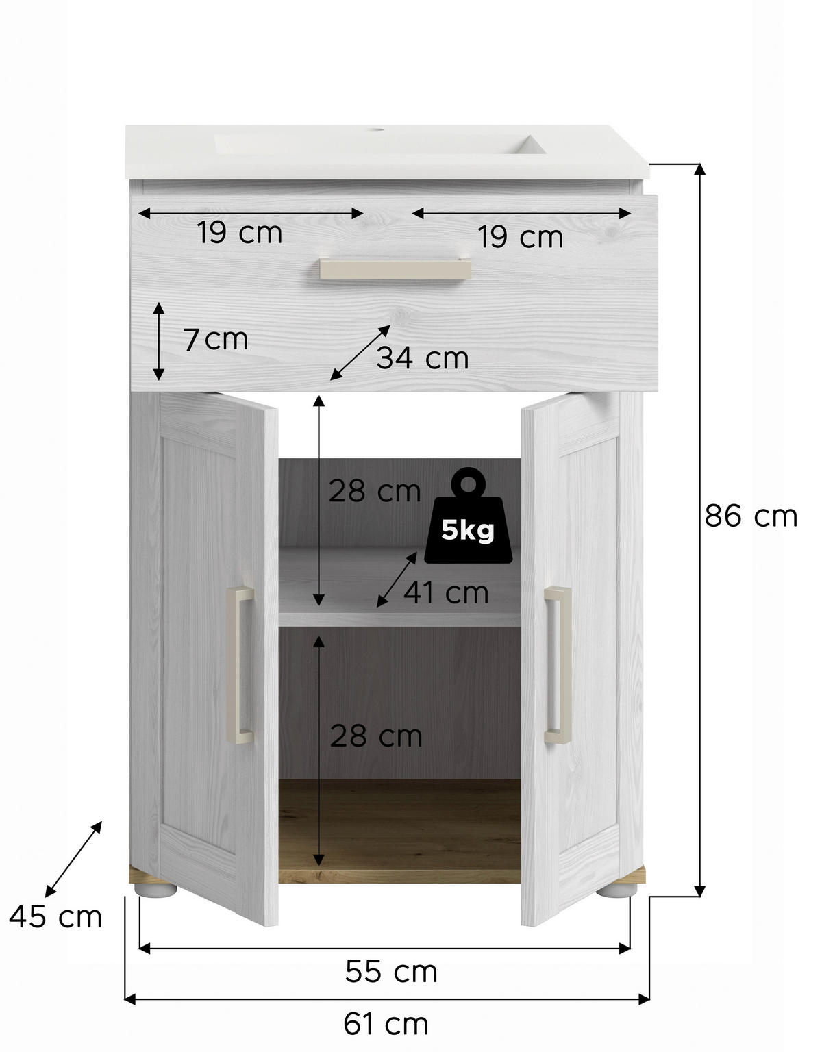 SKŘÍŇKA S UMYVADLEM, barvy modřínu, barvy modřínu, 60 cm - bílá/barvy stříbra, Trend, kompozitní dřevo/plast (60cm) - MID.YOU
