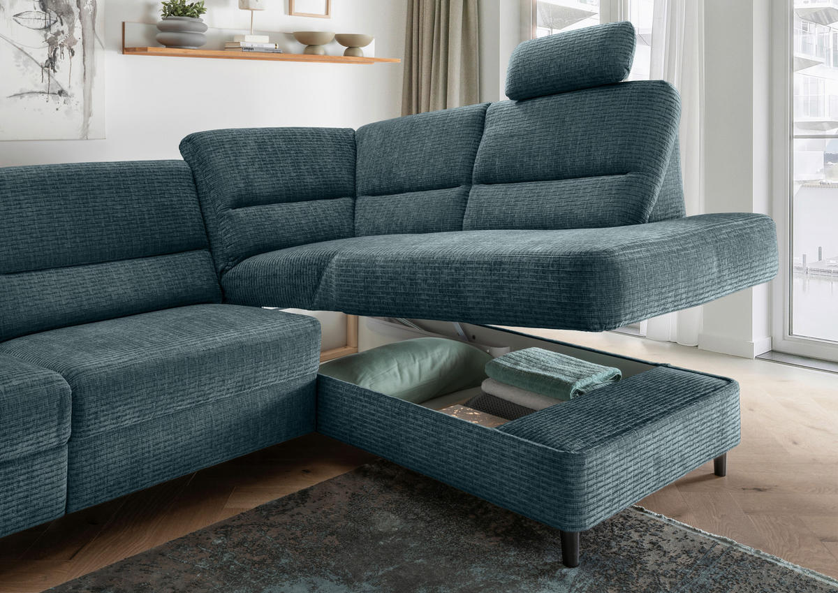 ECKSOFA in Mikrofaser Blau  - Blau/Schwarz, Modern, Holz/Textil (266/190cm) - Livetastic