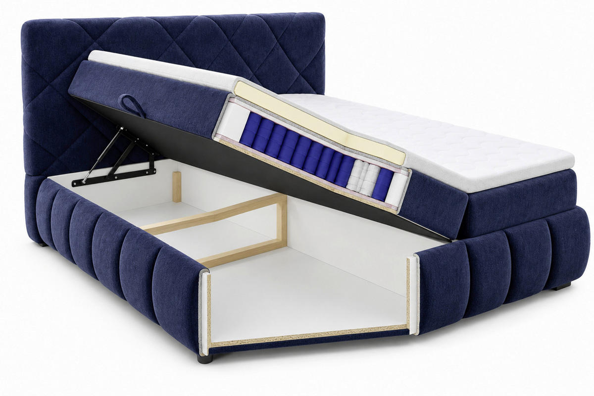 BOXBETT 180/200 cm,  in Dunkelblau, gepolstertes Kopfteil, Bettkasten, Topper, Matratzen, H3 + H3 = fest  - Schwarz/Dunkelblau, Design, Kunststoff/Textil (180/200cm) - Chameo