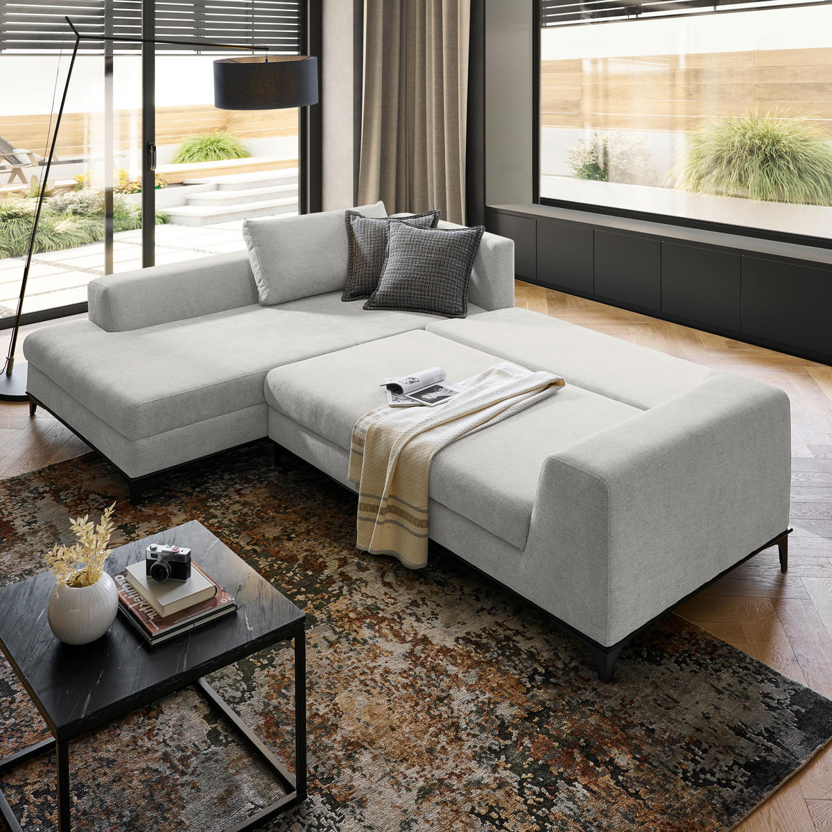 ECKSOFA inkl. Funktionen Creme Webstoff Rückenkissen, Bettkasten, Schlaffunktion, Rücken echt  - Wengefarben/Creme, Design, Holz/Textil (211/314cm) - Stylife