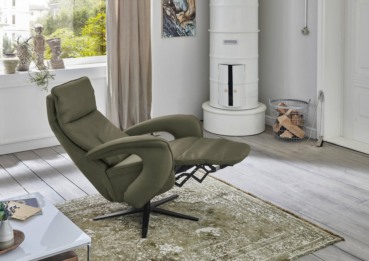 RELAXSESSEL in Leder Graugrün  - Schwarz/Graugrün, Design, Leder/Metall (77/110/87cm) - Valdera