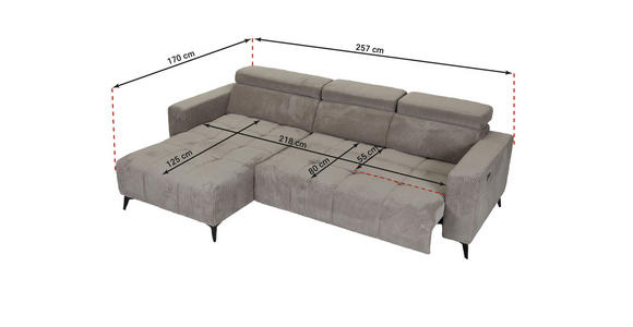 ECKSOFA Taupe Cord Rücken echt, Kopfteilverstellung, Sitzvorzug  - Taupe/Schwarz, KONVENTIONELL, Textil/Metall (257/170cm) - Carryhome