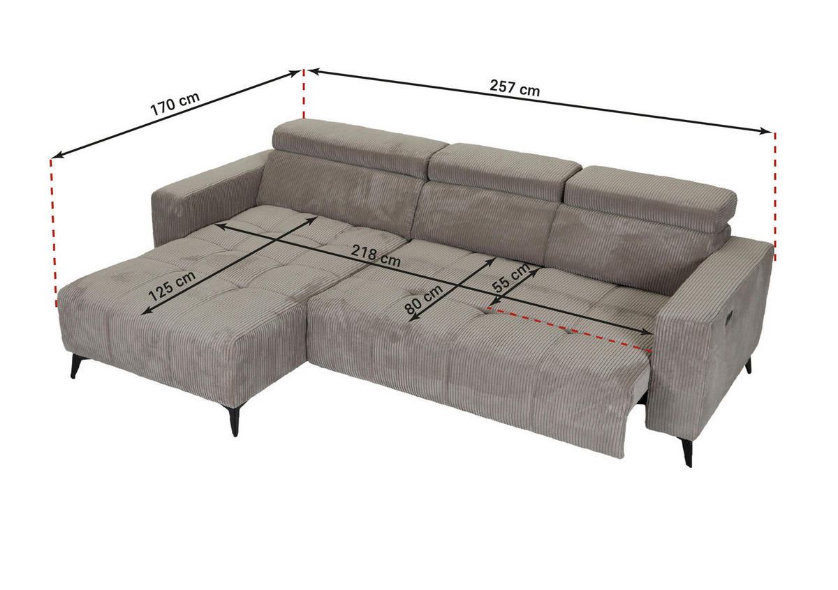 ECKSOFA Taupe Cord Rücken echt, Kopfteilverstellung, Sitzvorzug  - Taupe/Schwarz, KONVENTIONELL, Textil/Metall (257/170cm) - Carryhome