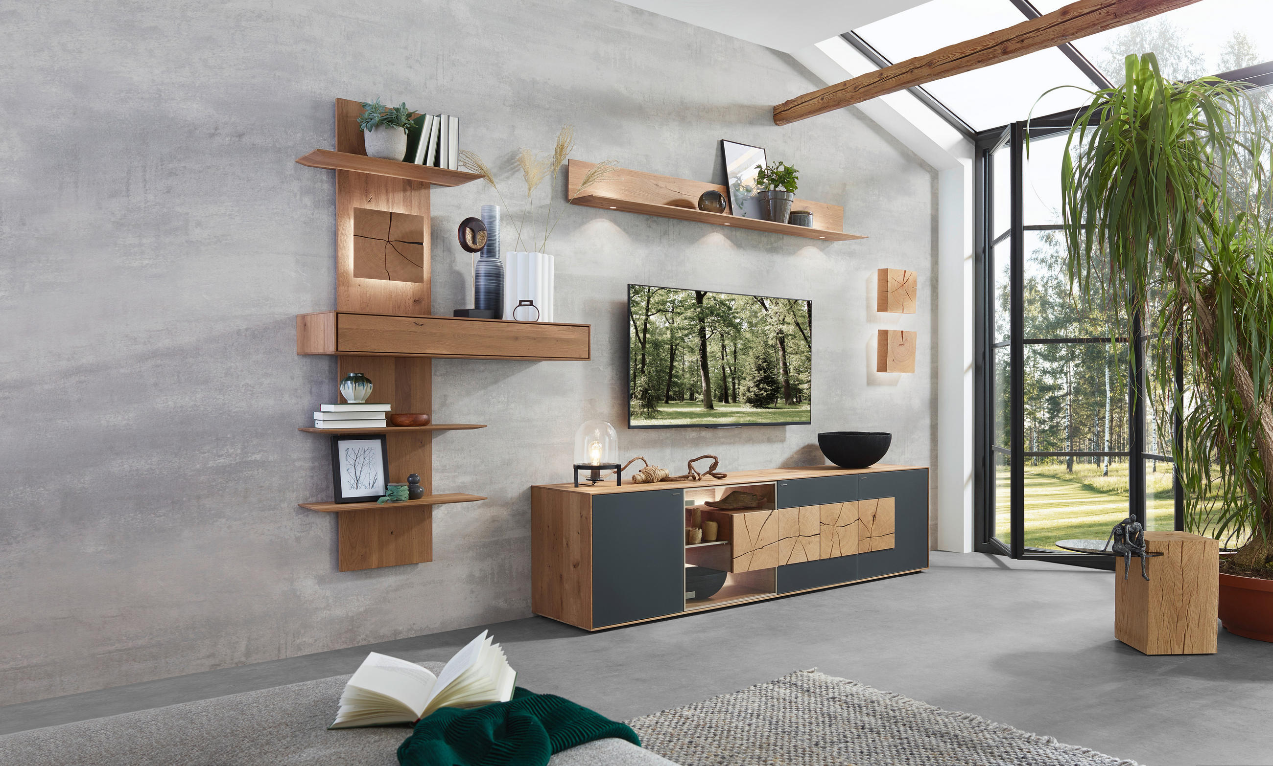 WOHNWAND  310/204/49 cm  in Anthrazit, Eichefarben, Transparent  - Eichefarben/Transparent, Natur, Glas/Holz (310/204/49cm) - Valnatura
