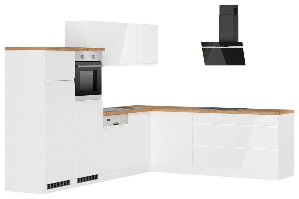 Eckküche Monza mit Geräten 300/240 cm  in Weiss, Eiche Wotan, Weiss Hochglanz  - Weiss Hochglanz/Weiss, Lifestyle, Holzwerkstoff (300/240cm) - Held