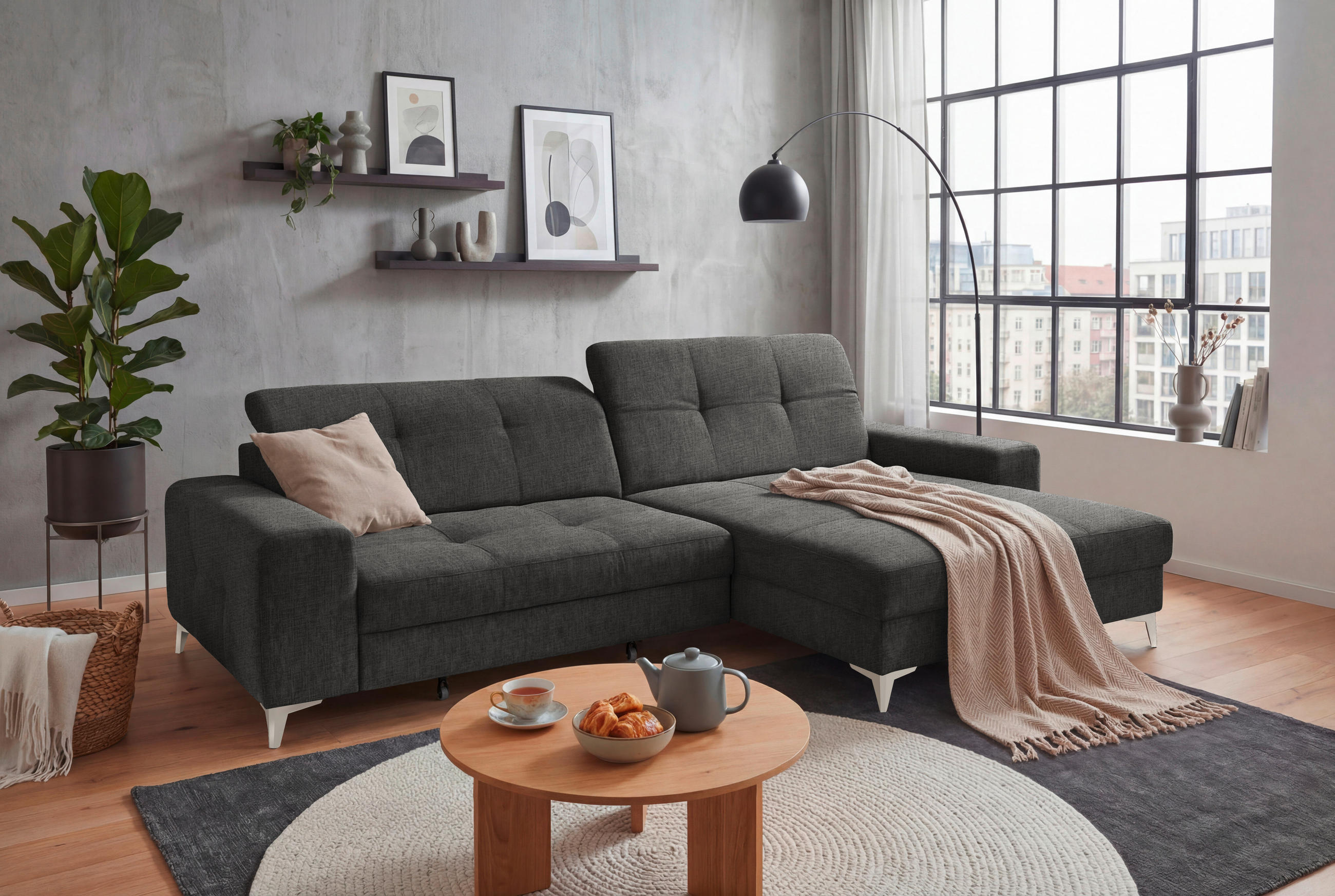 ECKSOFA SORELLA Graphitfarben Chenille Kopfteilverstellung, Sitztiefenverstellung  - Kaschmir/Graphitfarben, Design, Kunststoff/Textil (328/182cm) - MID.YOU
