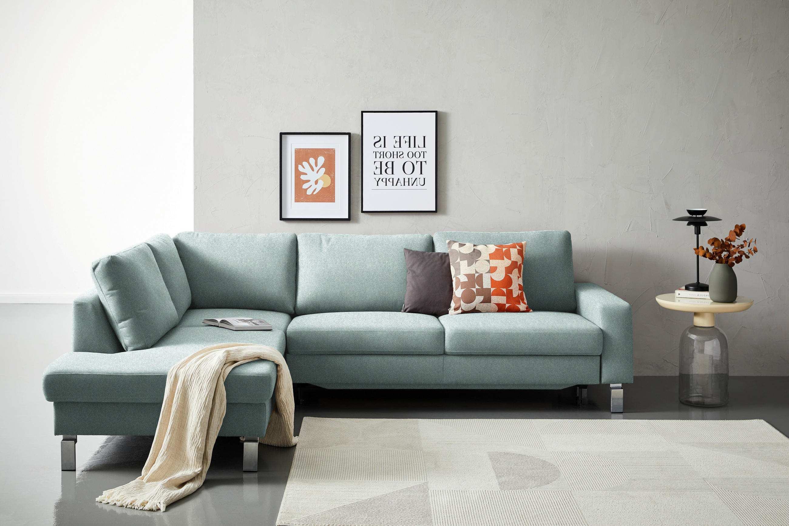 ECKSOFA in Flachgewebe Blaugrau  - Chromfarben/Blaugrau, Design, Textil/Metall (200/276cm) - Hom`in