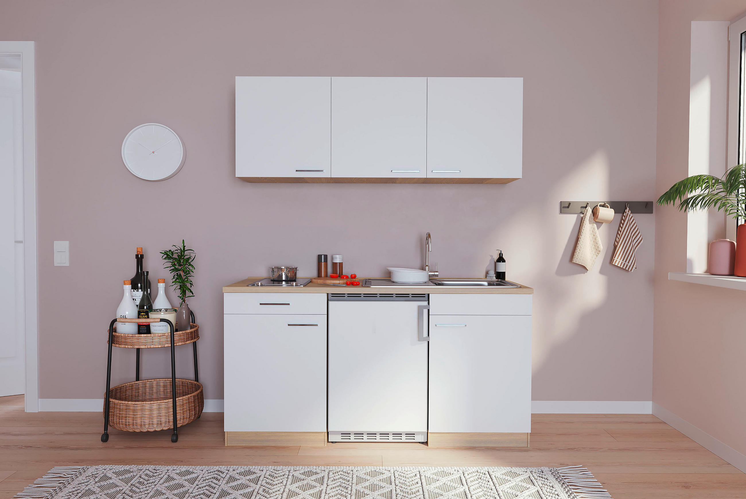 MINIKÖK 150 cm   i vit, ekfärgad  - vit/ekfärgad, Basics, trämaterial (150cm) - Respekta