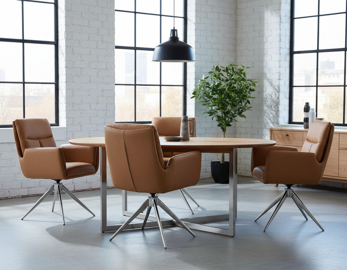 ARMLEHNSTUHL  Sitzfläche 360° drehbar  Echtleder  - Edelstahlfarben/Braun, Modern, Leder/Metall (61/94/67cm) - MID.YOU