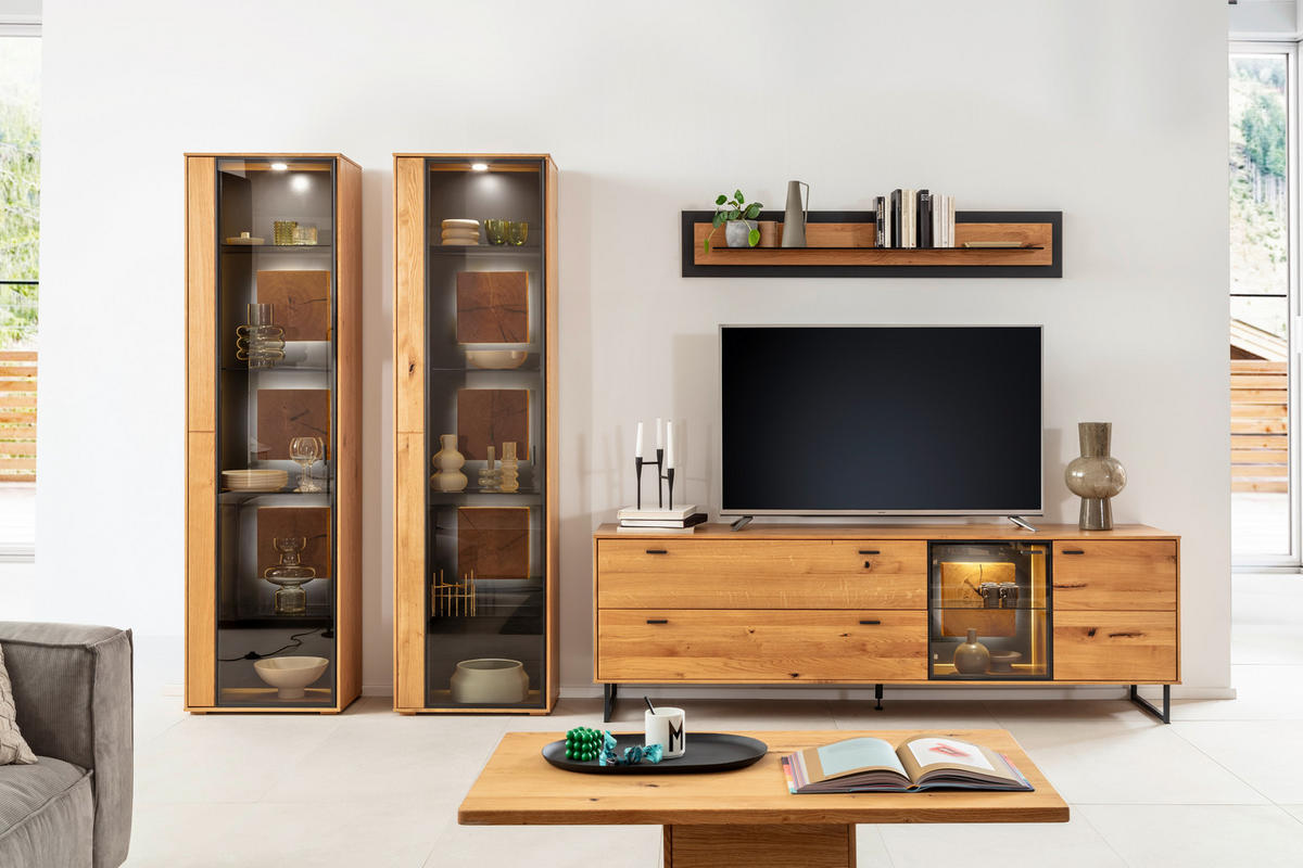 WOHNWAND  in Wildeiche 359/206/50 cm  - Wildeiche/Schwarz, Design, Glas/Holz (359/206/50cm) - MID.YOU