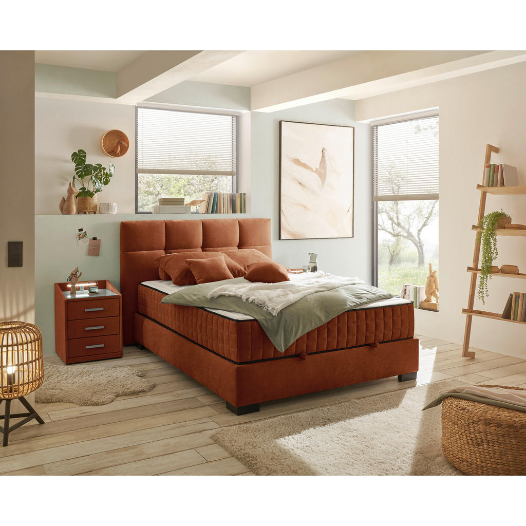 Thumbnail - Mid.you Boxbett, Cognac, Textil, H3 + H4, 9-Zonen, 120x200 cm, Bettkasten, gepolstertes Kopfteil, Federkernmatratze, Wen...