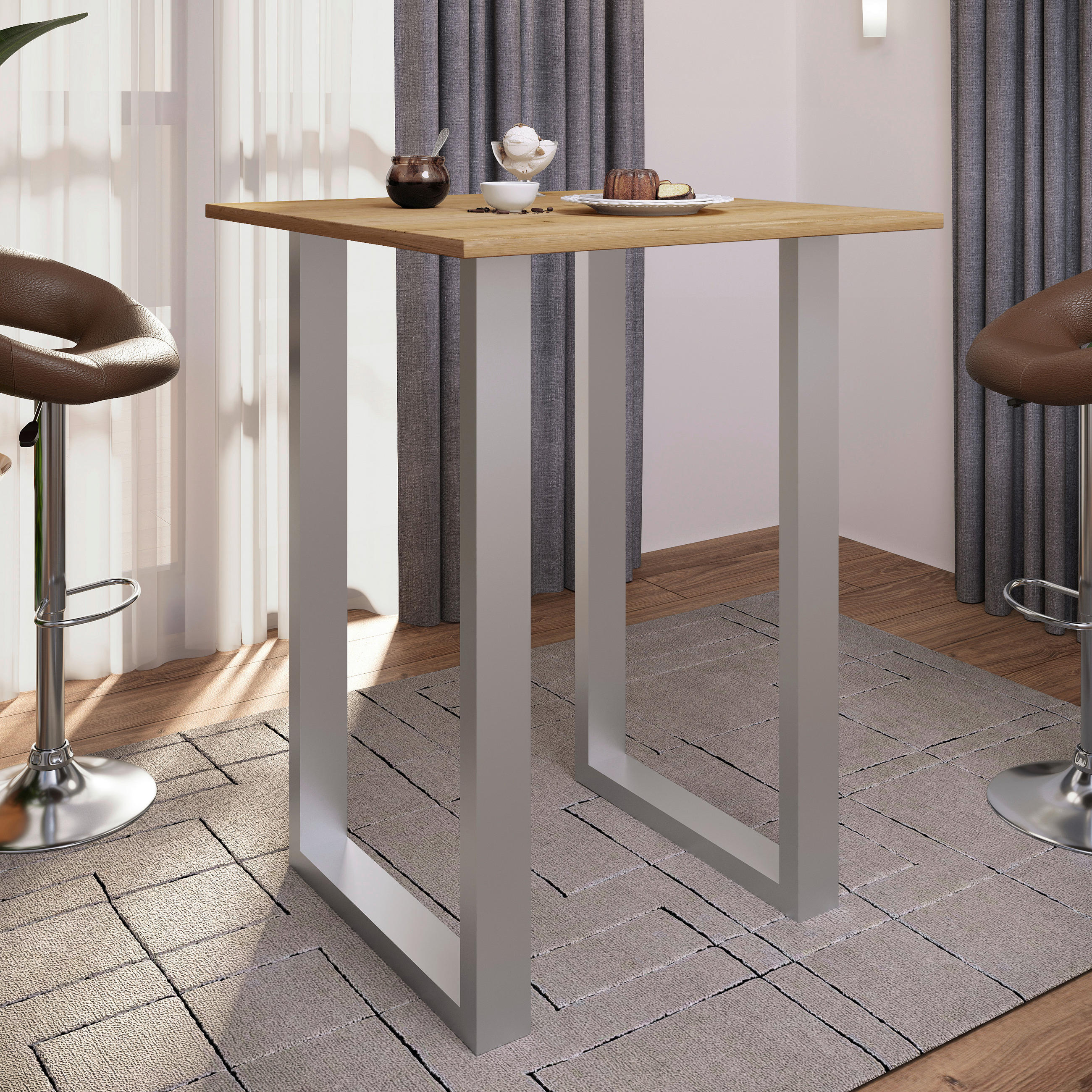 BARTISCH in Metall, Holzwerkstoff 80/102/80 cm   - Honigeiche/Silberfarben, KONVENTIONELL, Holzwerkstoff/Metall (80/102/80cm)