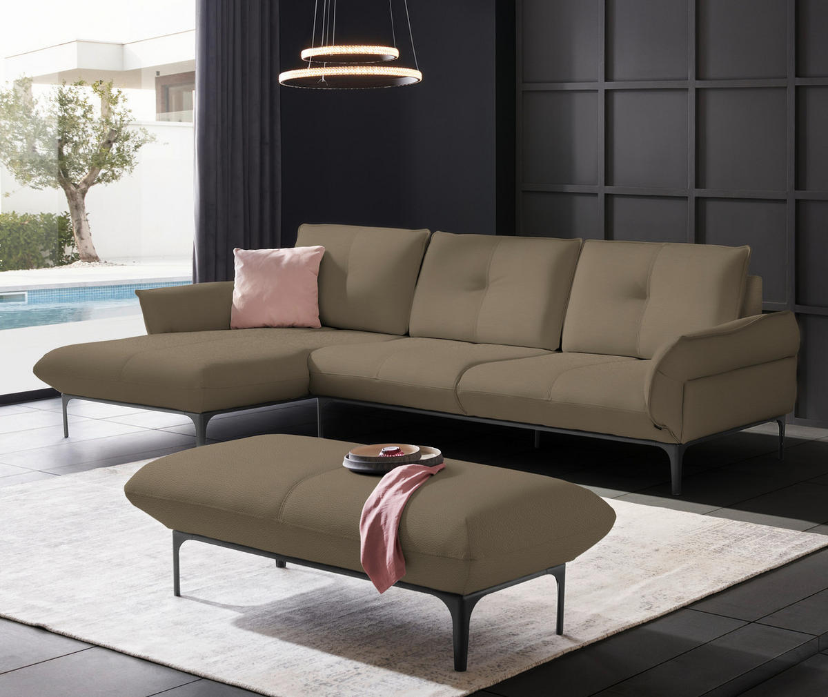 ECKSOFA in Echtleder Hellbraun  - Hellbraun/Schwarz, Design, Leder/Metall (182/325cm) - Valnatura