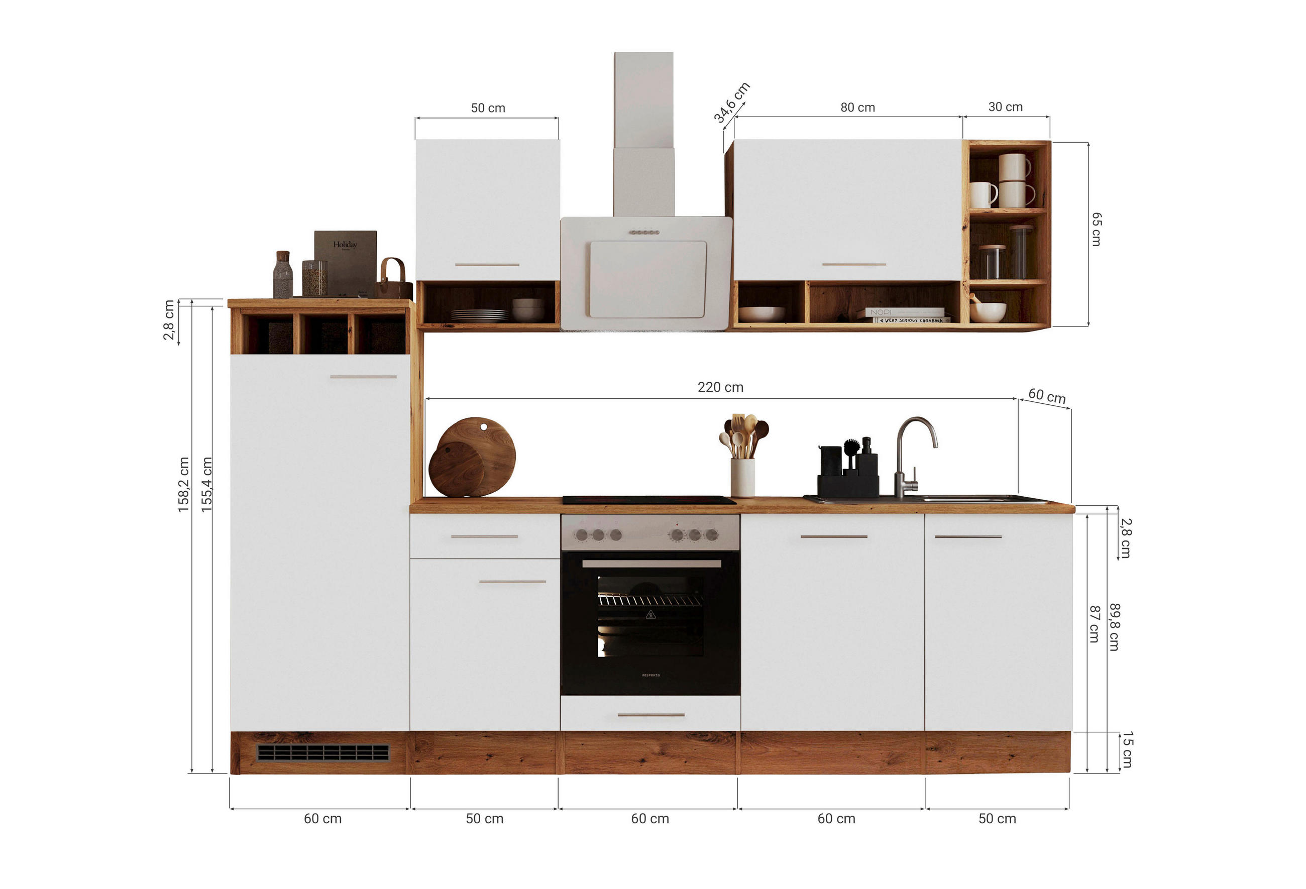 Thumbnail - Respekta Küchenblock Wildeiche, Weiß, Wildeiche, Metall, 1,1 Schubladen, nur wie online abgebildet bestellbar, 280 cm, l...