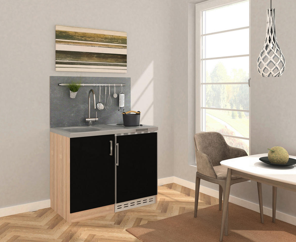 MINIKÜCHE 100 cm   in Schwarz, Sonoma Eiche  - Edelstahlfarben/Schwarz, MODERN, Holzwerkstoff/Kunststoff (100cm) - Respekta