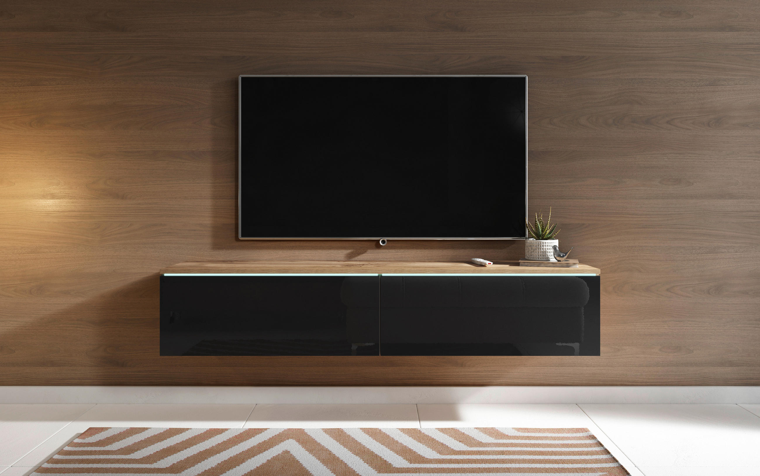 TV-BÄNK Vera  i 140/30/33 cm  - svart högglans/ek Wotan, Lifestyle, trämaterial/plast (140/30/33cm) - P & B