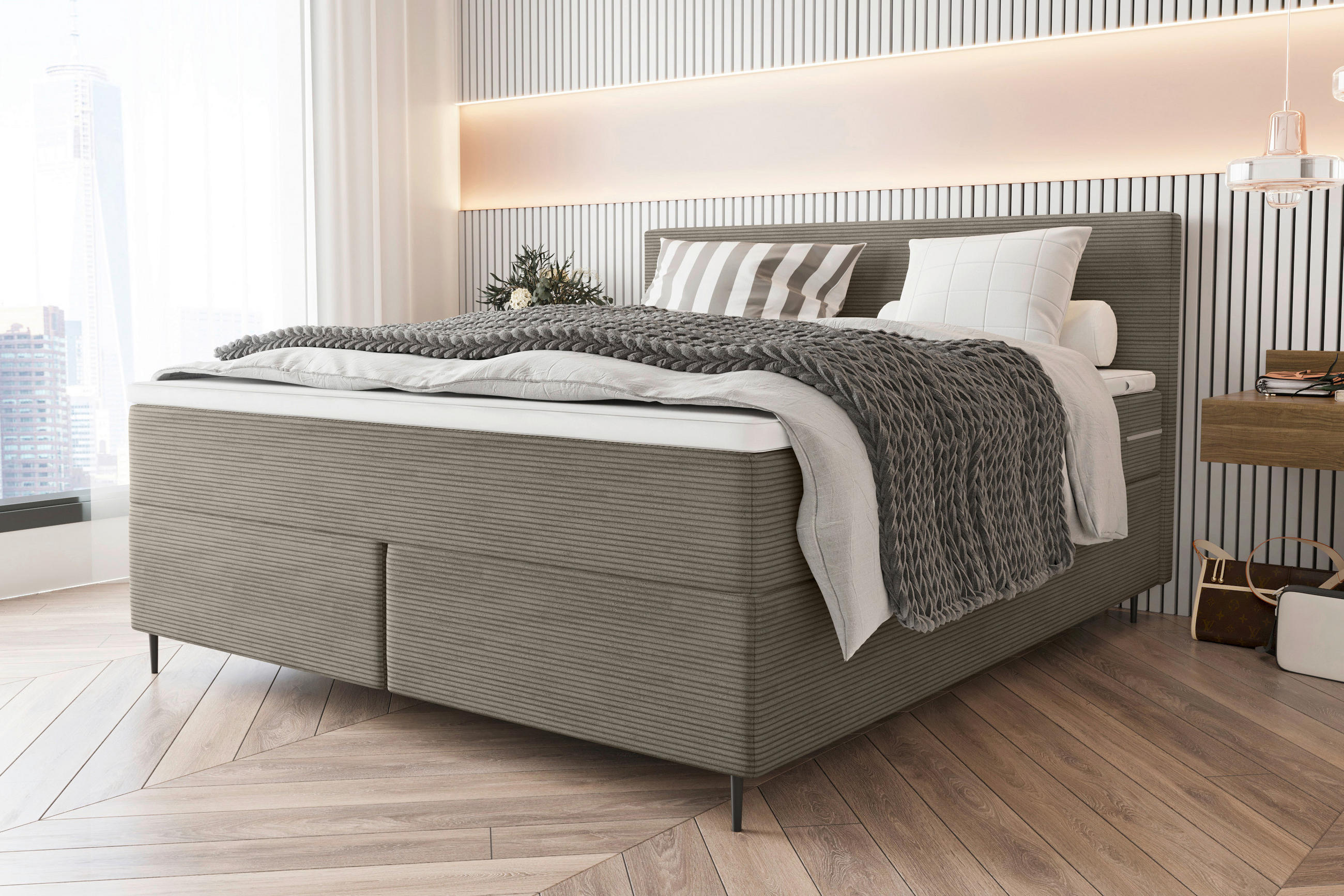 BOXSPRINGBETT 180/200 cm  in Graubraun  - Graubraun/Schwarz, KONVENTIONELL, Textil/Metall (180/200cm) - Boxxx