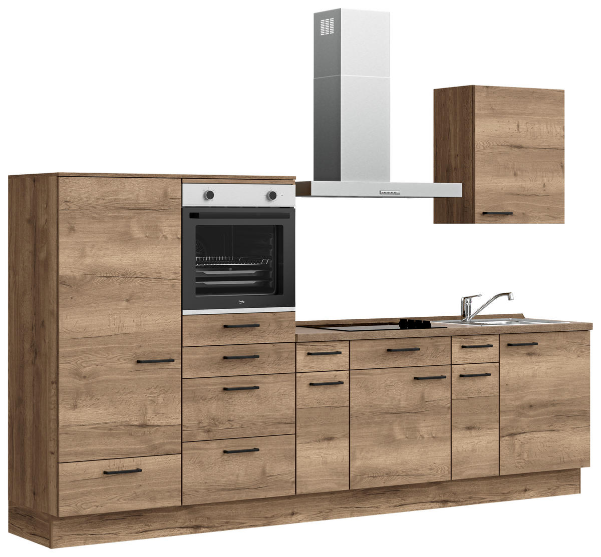 KÜCHENBLOCK 300 cm   in Eiche dunkel  - Eiche dunkel/Eichefarben, MODERN, Holzwerkstoff/Metall (300cm) - Nobilia