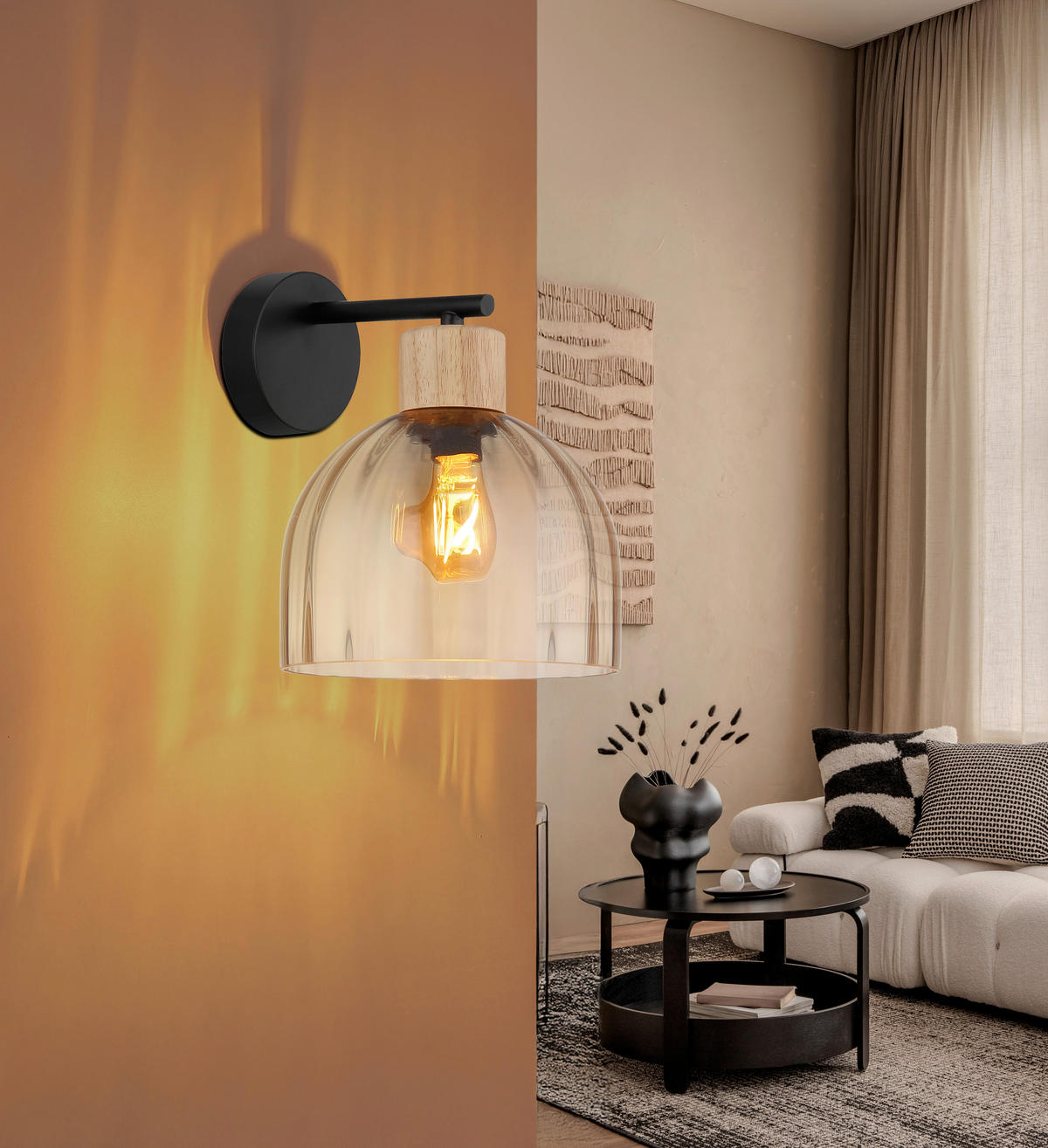 WANDLEUCHTE Swanson 20/23,5/24 cm  - Schwarz/Braun, Design, Glas/Holz (20/23,5/24cm) - Globo