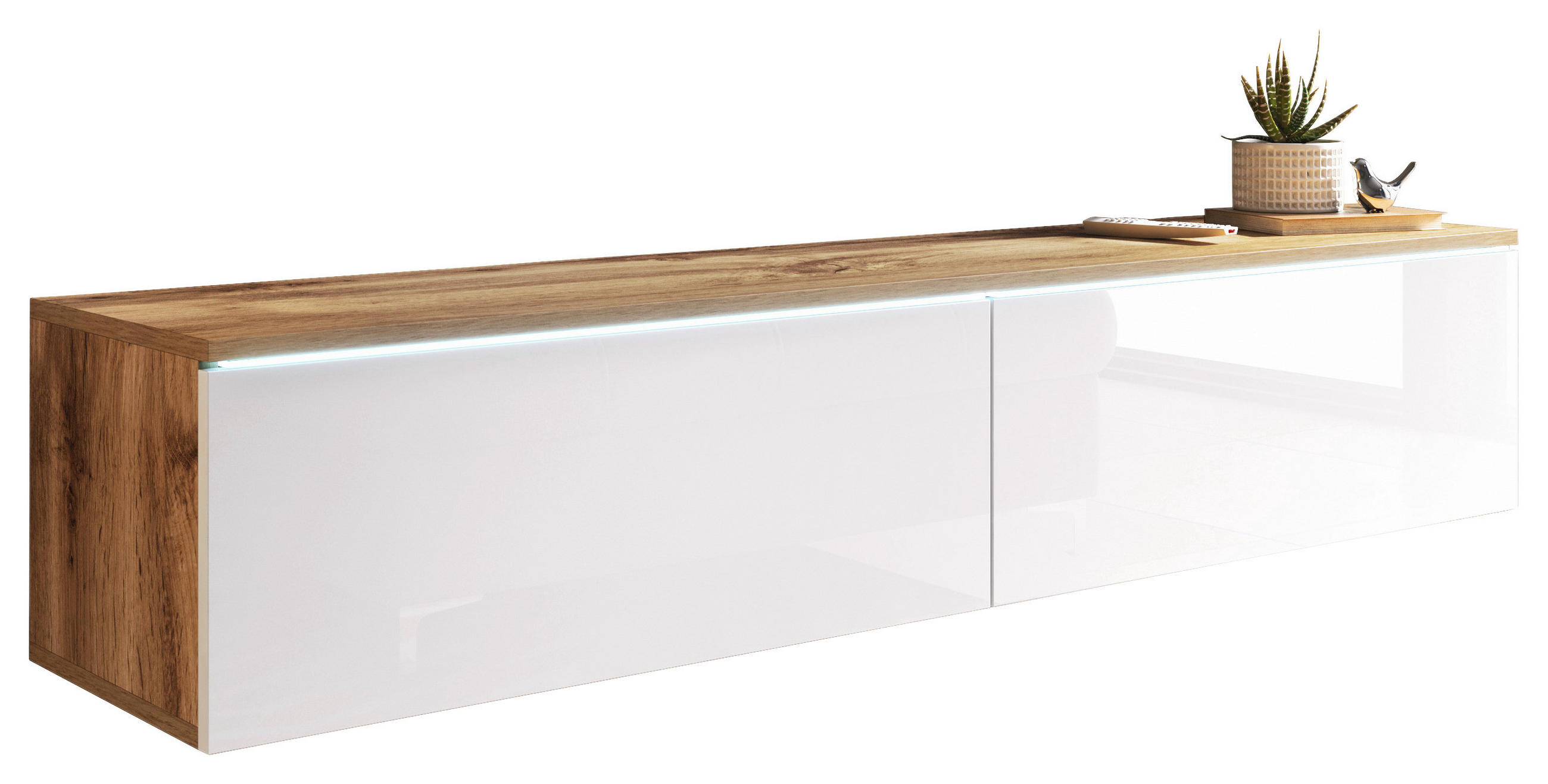 E-shop P & B NÍZKA KOMODA, dub wotan, biela s vysokým leskom, 140/30/33 cm