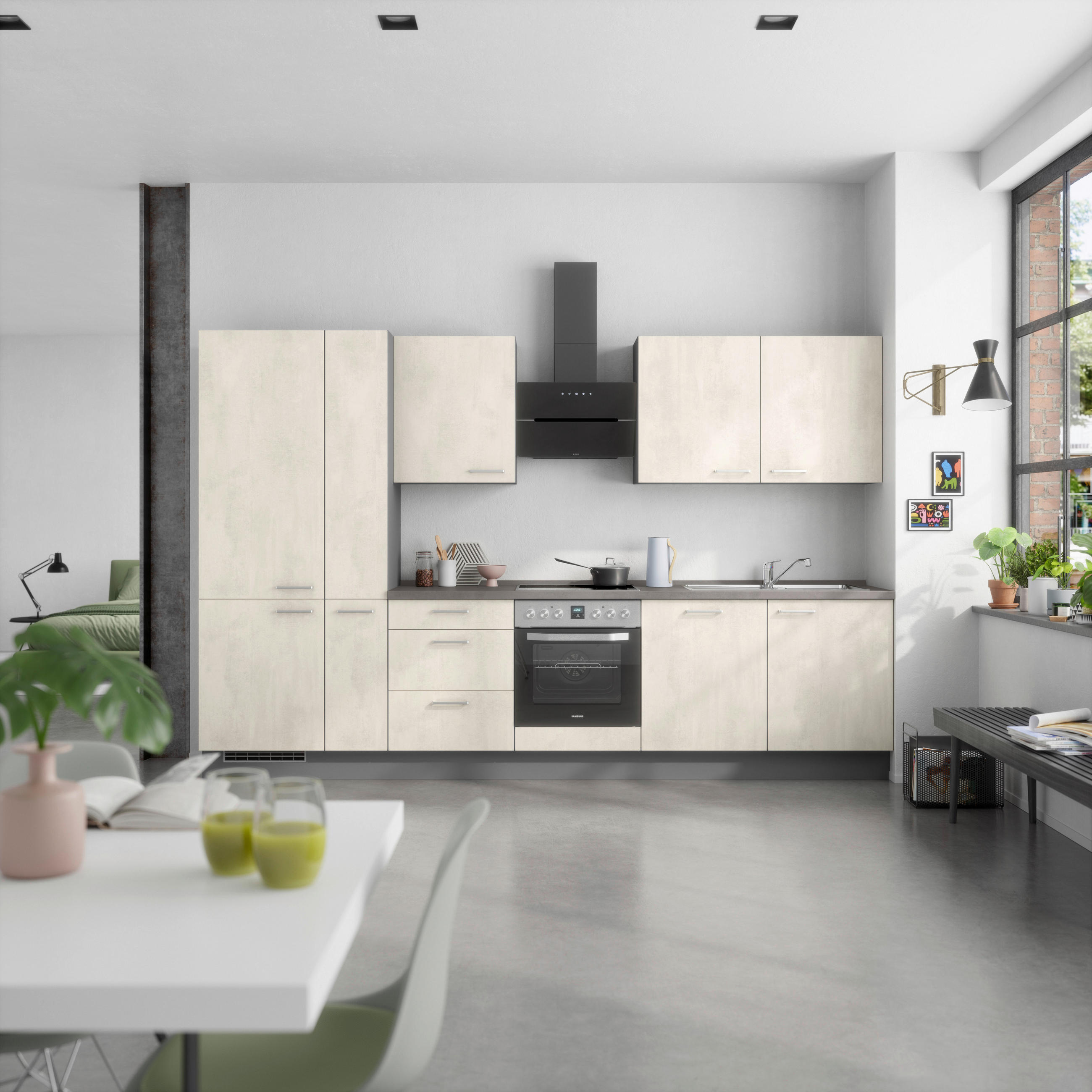KÜCHENBLOCK Riva 330 cm  in Schieferfarben, Weiß  - Schieferfarben/Edelstahlfarben, MODERN, Holzwerkstoff/Metall (330cm) - Nobilia