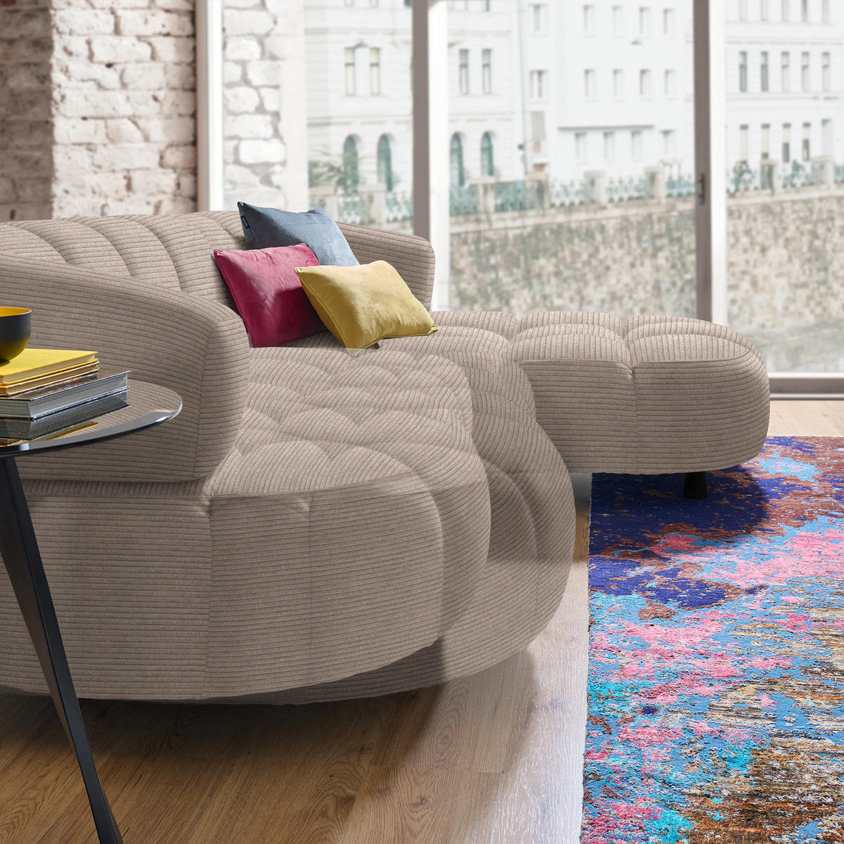 ECKSOFA in Cord, Velours Hellbraun  284/183 cm  - Hellbraun/Schwarz, Design, Holz/Textil (284/183cm) - Welnova