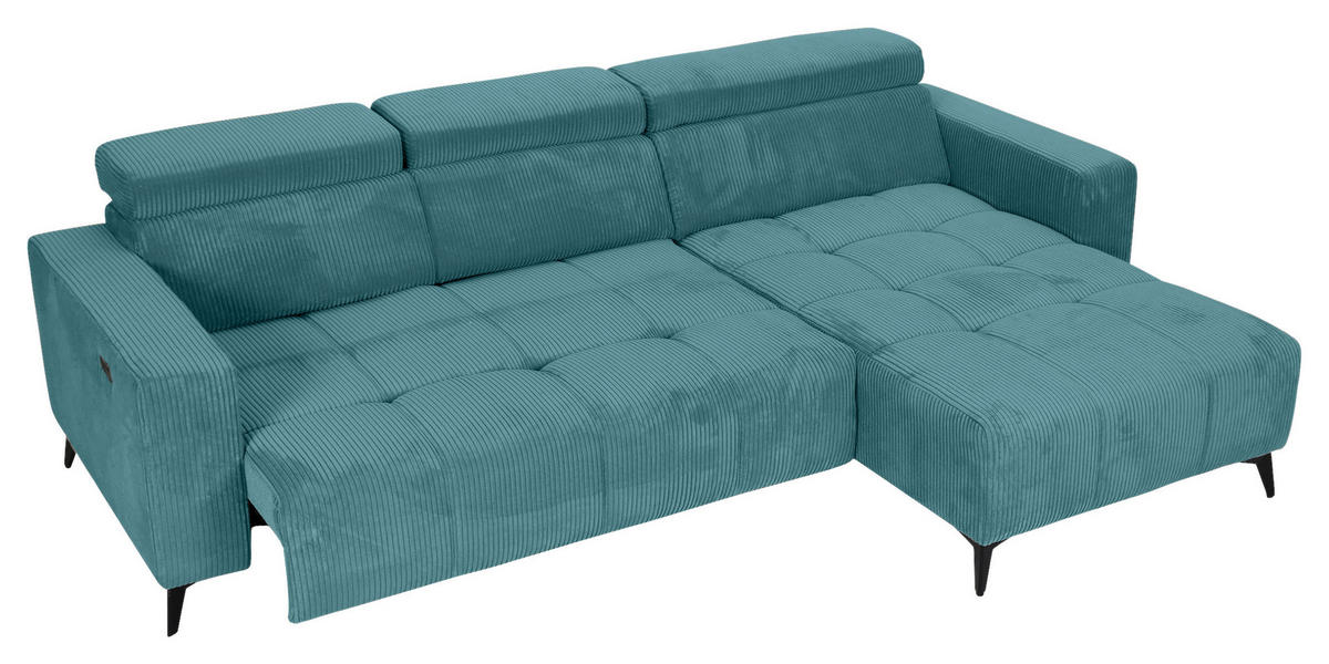 ECKSOFA Petrol Cord Rücken echt, Kopfteilverstellung, Sitzvorzug  - Petrol/Schwarz, KONVENTIONELL, Textil/Metall (257/170cm) - Carryhome
