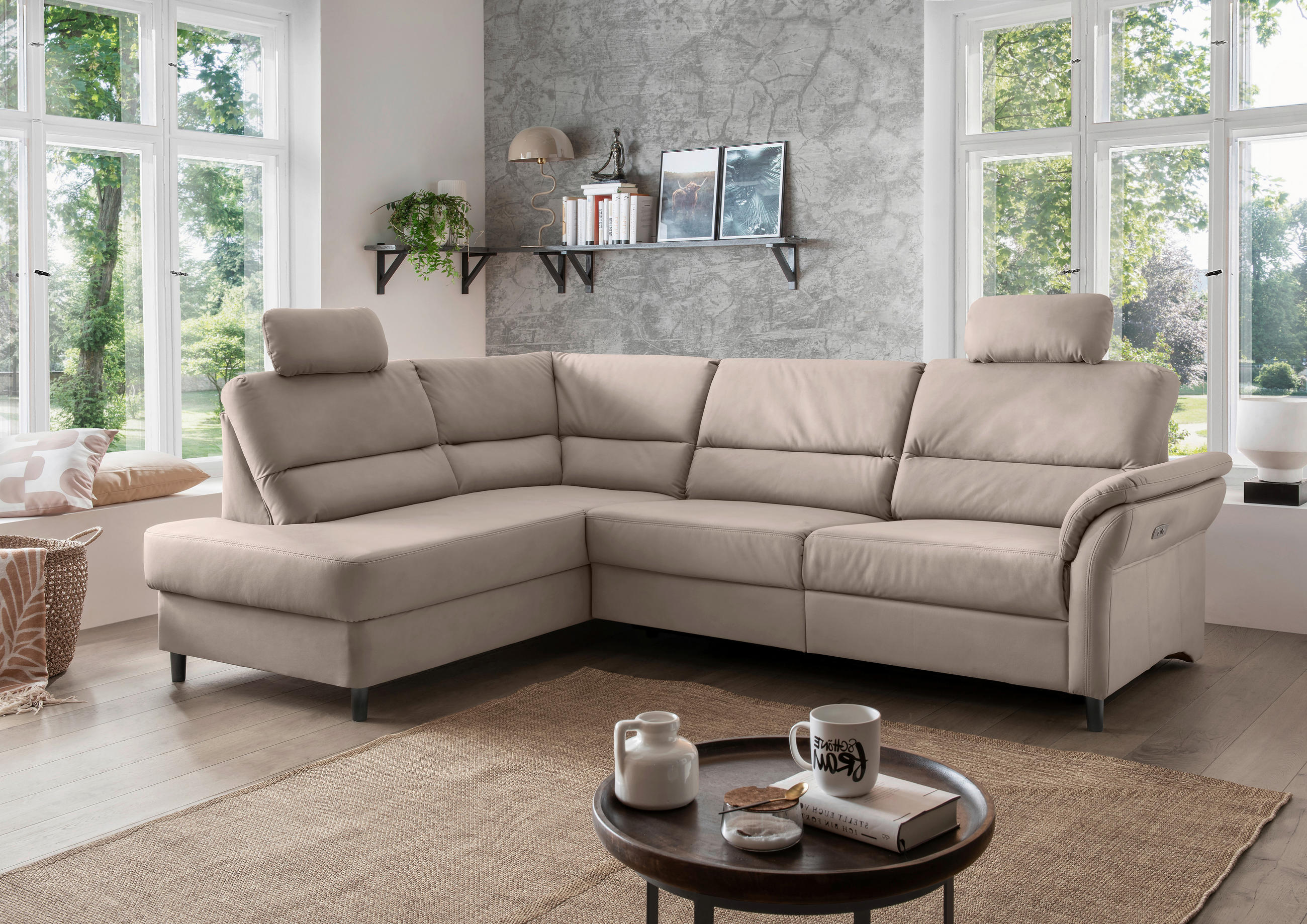 ECKSOFA in Lederlook Beige  - Beige/Schwarz, Modern, Holz/Textil (190/266cm) - Livetastic