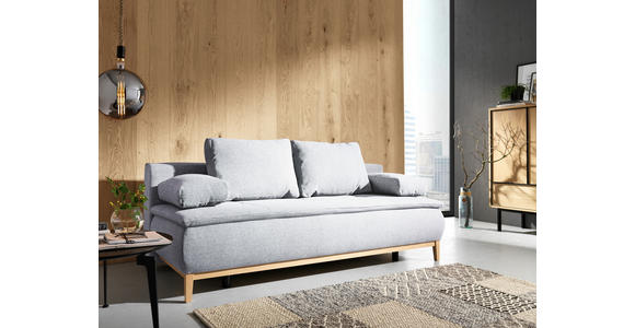 BOXSPRINGSOFA Webstoff Hellgrau Zierkissen, Armlehnenkissen, Bettkasten, Schlaffunktion, Rücken echt  - Eichefarben/Beige, Design, Holz/Textil (202/93/100cm) - Carryhome