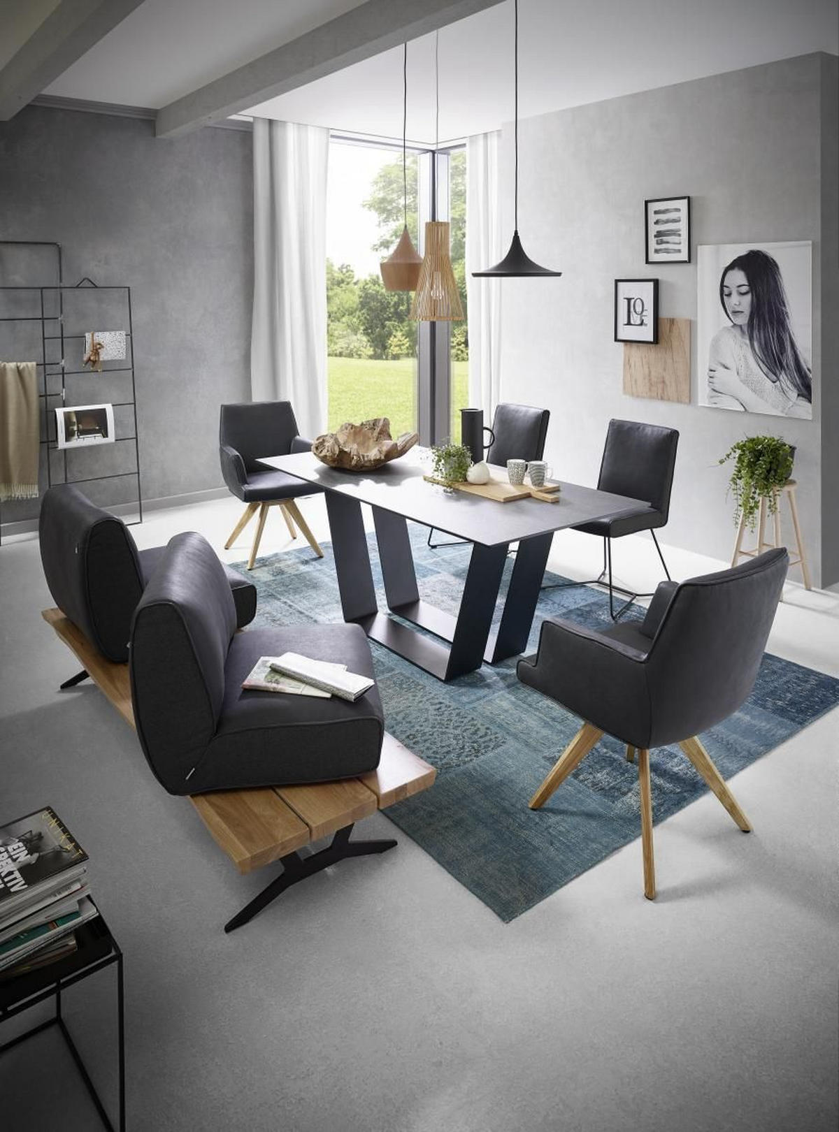 SITZBANK in Holz, Metall, Leder Anthrazit, Schwarz, Eichefarben  - Eichefarben/Anthrazit, Design, Leder/Holz (190/85/69cm) - Ambiente